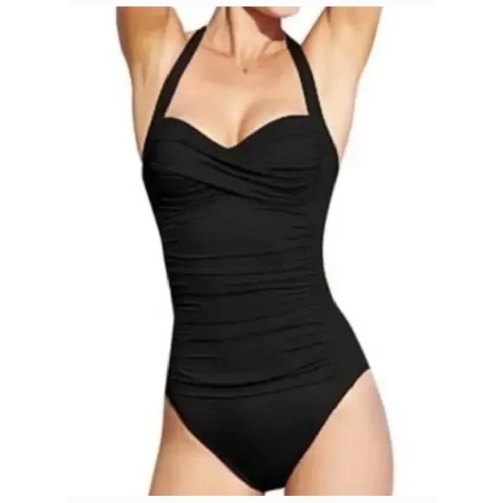 La Blanca Womens Black Ruched Halter One Piece Swimsuit LB4KV13 Size 4 NEW
